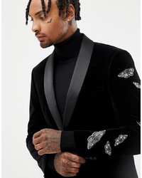 MOSS BROS Moss London Velvet Suit Jacket With Butterfly Embroidery In Black