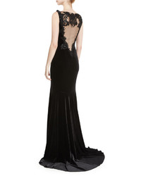 Theia Sleeveless Embroidered Velvet Illusion Gown Black