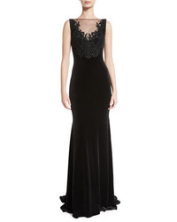 Theia Sleeveless Embroidered Velvet Illusion Gown Black