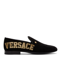 Versace Black Velvet Logo Loafers