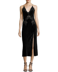 JONATHAN SIMKHAI Crinkled Velvet Applique Deep V Midi Dress Black