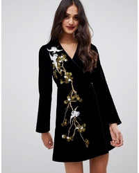 Black Embroidered Velvet Wrap Dress