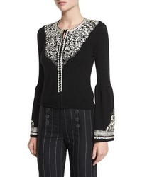 Nanette Lepore Bell Sleeve Embroidered Wool Cardigan Black