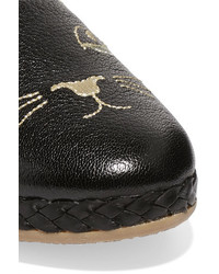 Charlotte Olympia Kitty Embroidered Textured Leather Collapsible Heel Espadrilles Black