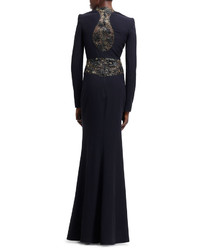 Alexander McQueen Beaded Illusion Trim Plunging V Neck Gown