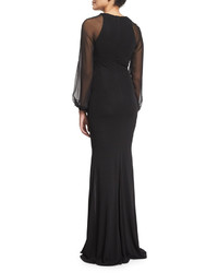 David Meister Cap Sleeve Beaded Front Godet Gown