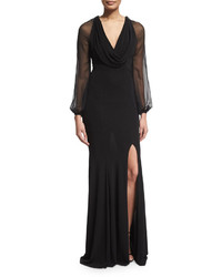 David Meister Cap Sleeve Beaded Front Godet Gown