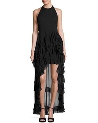 Alice + Olivia Carma Tiered High Low Halter Gown Black