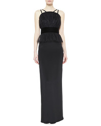 Notte by Marchesa Crepe Tulle Peplum Column Gown