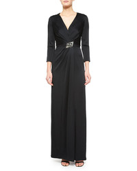 Jenny Packham Crystal Embellished 34 Sleeve Satin Gown Black