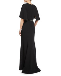 Carmen Marc Valvo Embellished Waist Capelet Gown Black