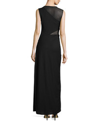 Halston Heritage Mesh Panel Ruched Front Sleeveless Gown Black