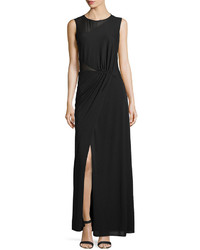 Halston Heritage Mesh Panel Ruched Front Sleeveless Gown Black