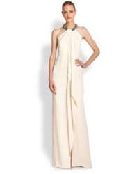 Carmen Marc Valvo Jeweled Cascade Front Crepe Gown