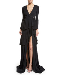Roberto Cavalli Long Sleeve Tiered High Slit Gown Black