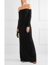 Versace Off The Shoulder Ruched Silk Cady Gown Black
