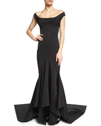 Zac Posen Off The Shoulder Ruffle Inset Gown Black