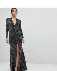 City Goddess Tall Plunge Maxi Dress In Sheer Metallic With Thigh Split