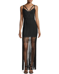 Herve Leger Sleeveless Fringe Hem Bandage Gown Black