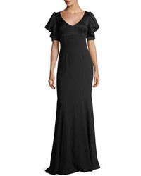 David Meister V Neck Puff Sleeve Evening Gown