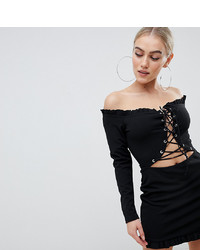 Missguided Petite Off Shoulder Lace Up Bodycon Dress In Black