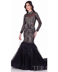 Terani Couture Long Sleeve Feather Mermaid Gown
