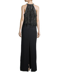 Parker Black Dominique Halter Beaded Feather Evening Gown