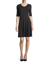 Neiman Marcus Half Sleeve Fit Flare Jersey Dress Black