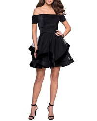 La Femme Off The Shoulder Velvet Tulle Party Dress