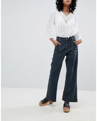 One Teaspoon High Waisted Cropped Wide Leg Jean With Contrast Stitching