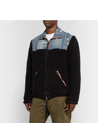 Greg Lauren Panelled Distressed Denim And Fleece Jacket