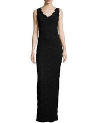 St. John Collection Beaded Floral Lace V Neck Gown Caviar