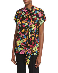 Moschino Boutique Short Sleeve Floral Print Tie Neck Blouse