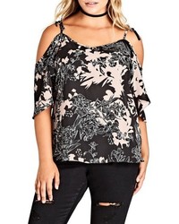 City Chic Shadow Floral Cold Shoulder Top