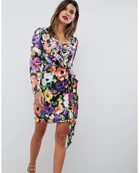 ASOS DESIGN Mini Dress With Plunge And Drape In Embellished Bright Floral Print