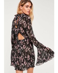 Missguided Black Floral Pleated Frill Sleeve Bodycon Dress