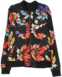 Choies Painting Floral Print Silky Bomber Jacket In Black
