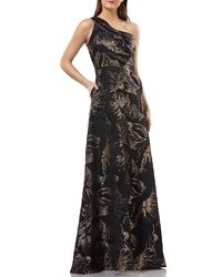 Carmen Marc Valvo Infusion One Shoulder Pleated Brocade Ballgown