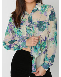 American Apparel Floral Print Polyester Basic Button Up Blouse