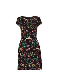 Apricot New Look Black Floral Print Belted Cap Sleeve Dress