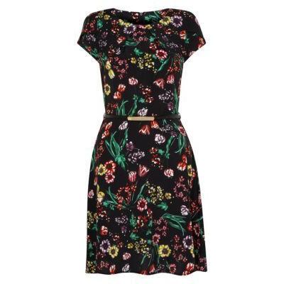 Apricot New Look Black Floral Print Belted Cap Sleeve Dress, $38 | New ...