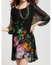 Choies Black Floral Chiffon Dress With Puff Sleeves