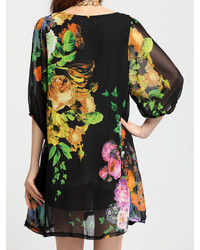 Choies Black Floral Chiffon Dress With Puff Sleeves