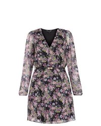 Exclusives New Look Black Chiffon Floral Print Belted Wrap Dress