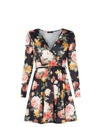 Exclusives New Look Black Floral Print Belted Wrap Dress