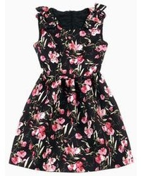 Choies Floral Print Skater Dress In Black With Bow Shoulder