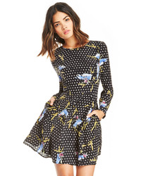 Harlyn Floral Long Sleeve Fit Flare Silk Dress In Black Xs