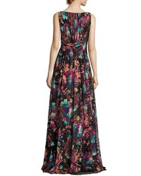 Badgley Mischka Sleeveless Ruched Floral Chiffon Gown Blackmulticolor