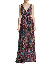 Badgley Mischka Sleeveless Ruched Floral Chiffon Gown Blackmulticolor