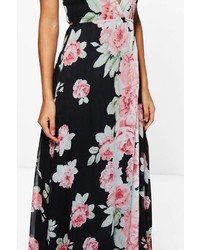 Boohoo Elle Chiffon Floral Print Wrap Maxi Dress